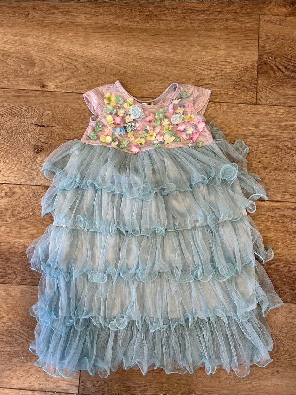 Little Mass Blue Ruffled Tulle Kids Dress with Floral appliqué Bodice